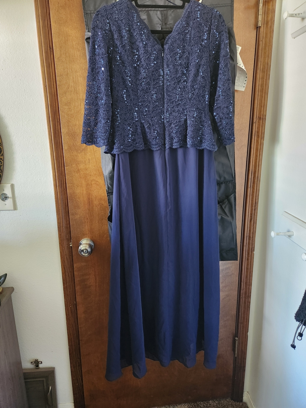 Alex Evenings Navy Sequined Lace & Chiffon Evening Gown - Picture 6 of 9